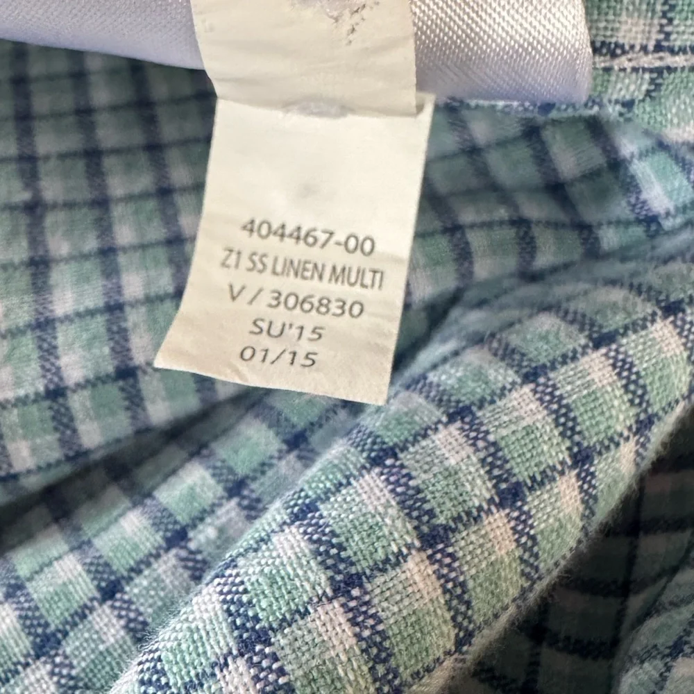Banana Republic Slim Fit Blue & Green Plaid Linen Shirt Size Large